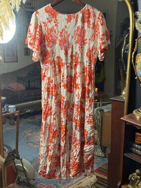 Cream and Orange Floral Smocked Midi Dress